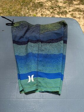 Hurley Men’s Blue & Green Striped Board Shorts with Logo